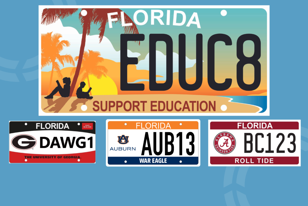 Florida license plate options that support education, including out-of-state college tag options.