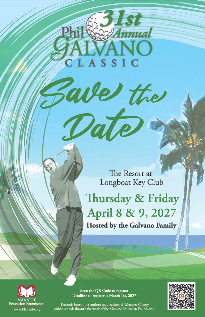 Phil Galvano swinging a golf club with palm tress in the background on a save the date invitation of the Phil Galvano Golf Classic tournament.